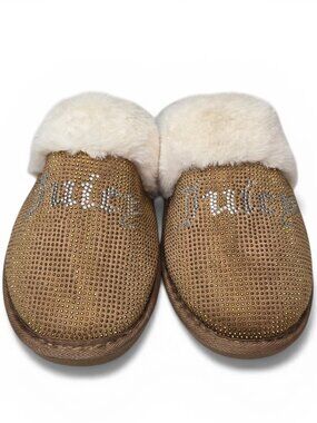 Juicy Couture Furry Slippers Women Rhinestone Spell Out Comfy Loungewear S